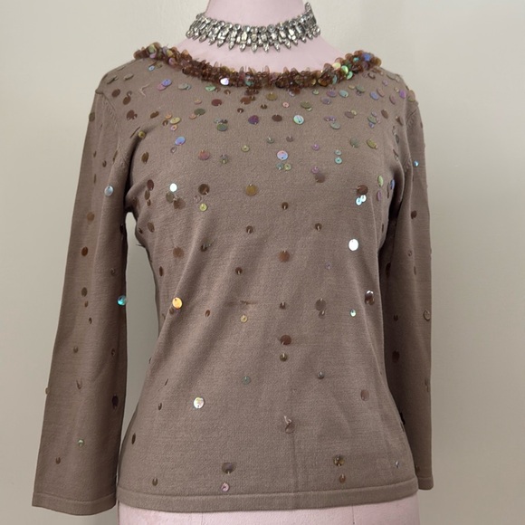Talbots tan silk blend sequin sweater in size MP - Picture 1 of 7